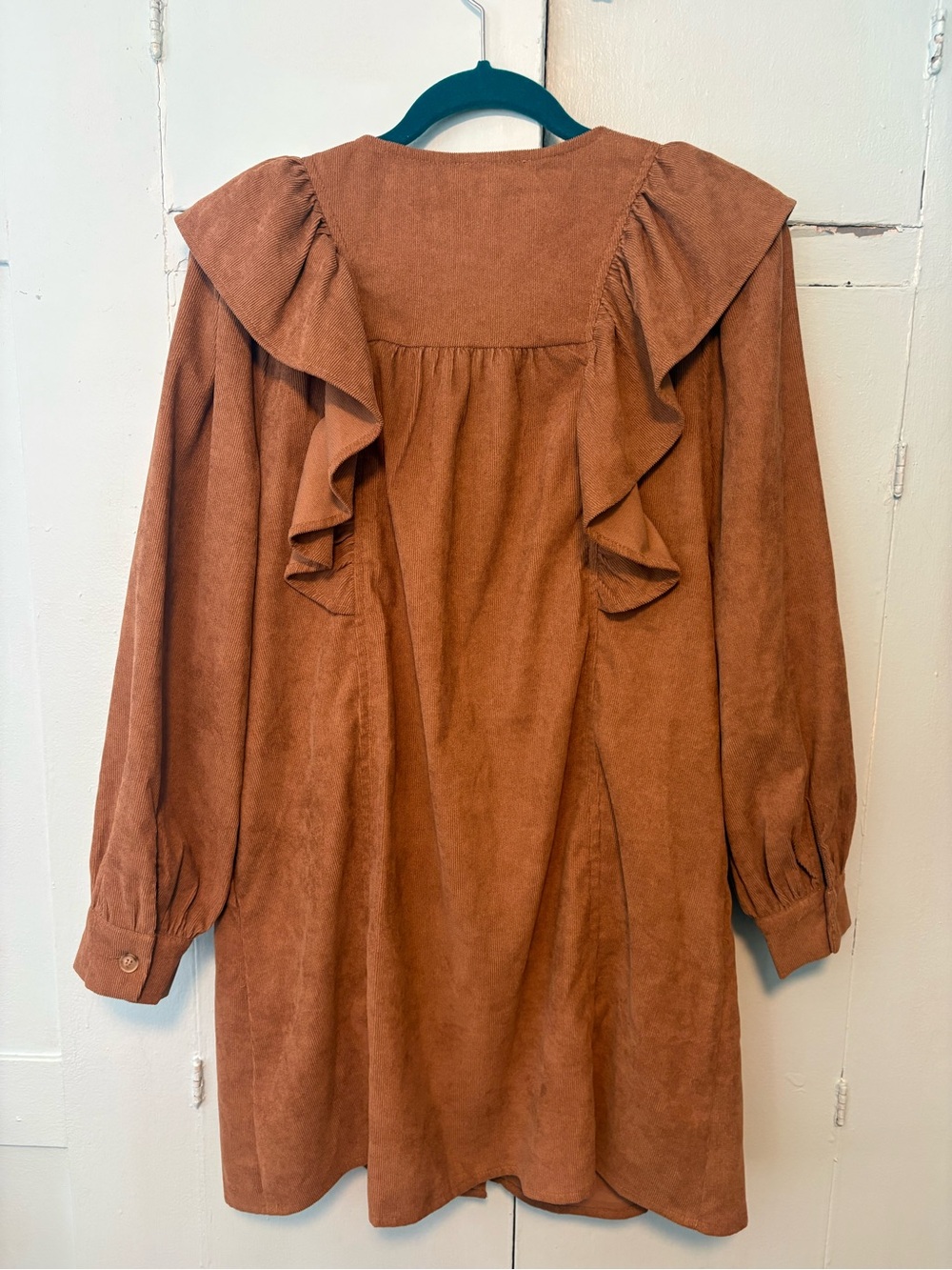 Entro Button-Front Corduroy Ruffle Dress in Brown - Picture 4 of 5